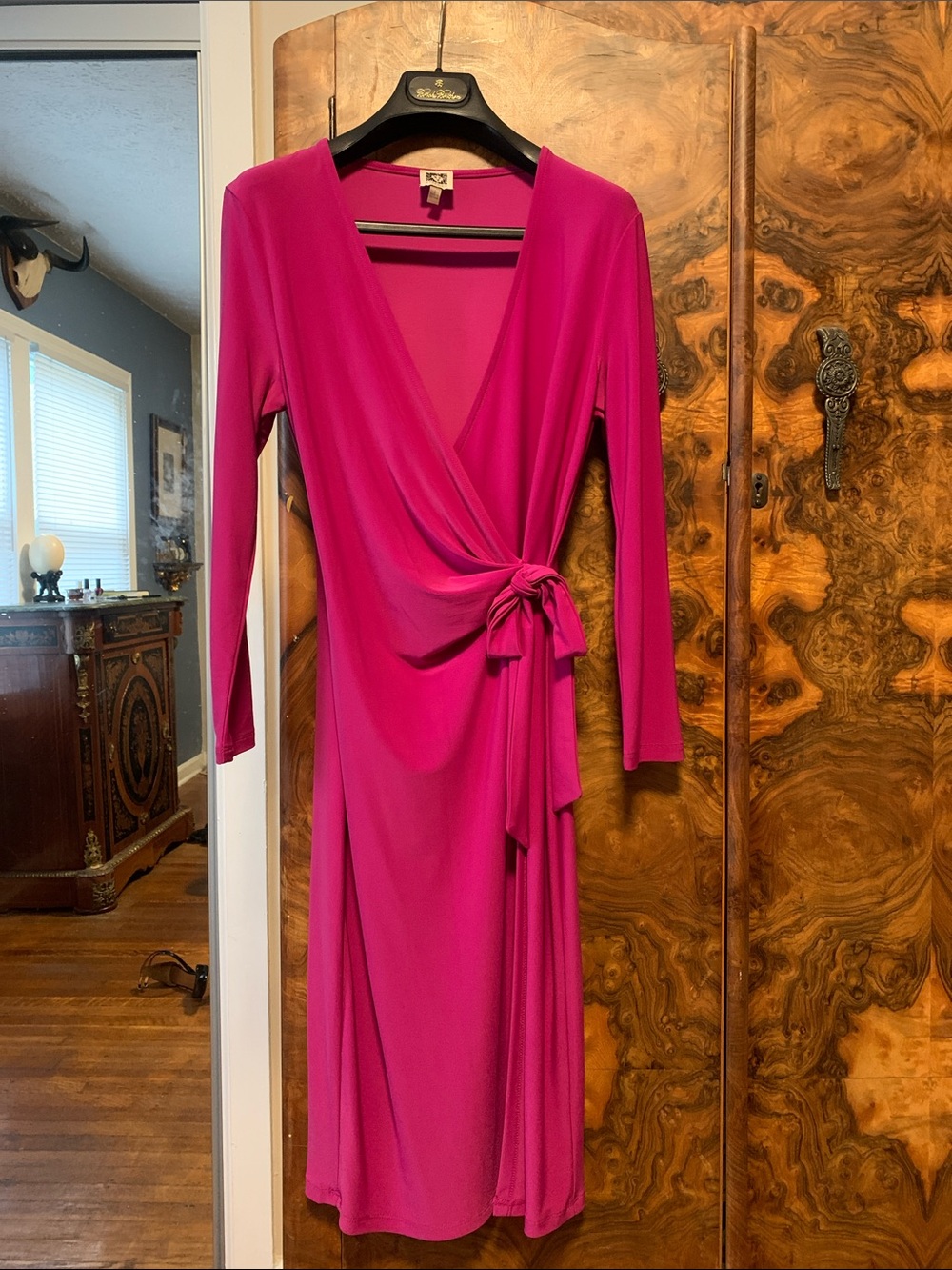 Anne Klein Fuchsia Wrap-Style Midi Dress with Side Tie